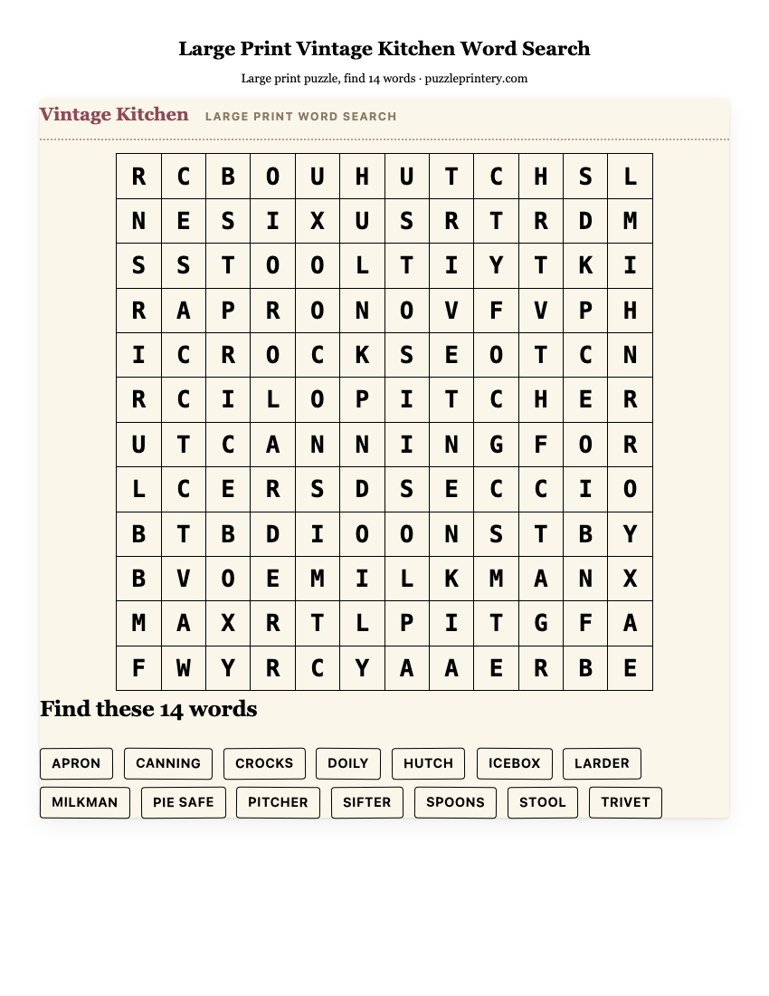 Large Print Vintage Kitchen Word Search printable preview