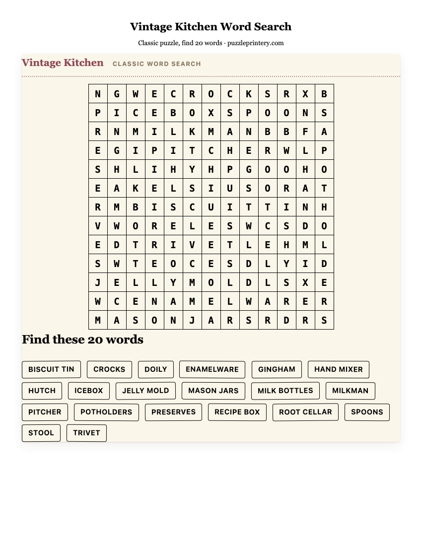 Vintage Kitchen Word Search printable preview