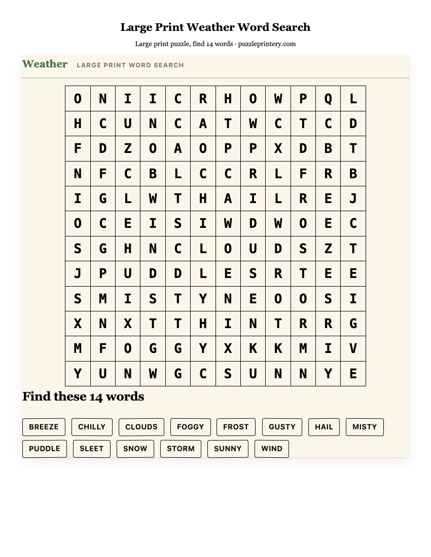 Large Print Weather Word Search printable preview
