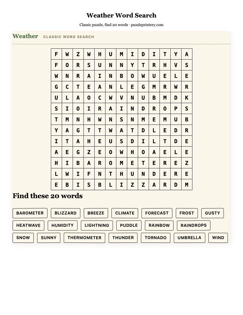 Weather Word Search printable preview