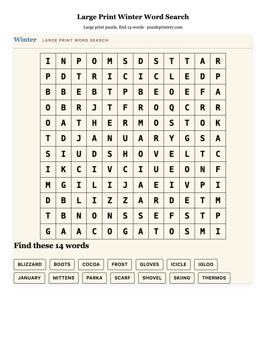 Large Print Winter Word Search printable preview