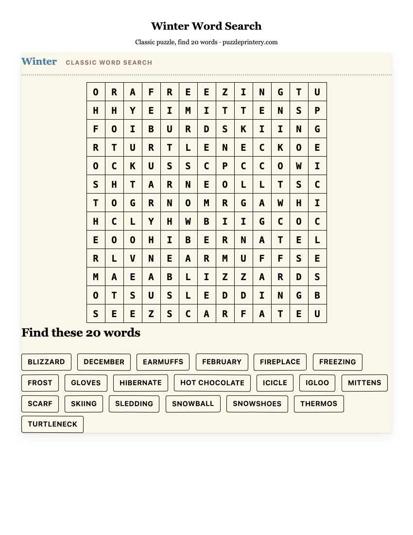 Winter Word Search printable preview