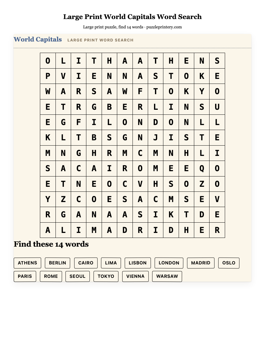 Large Print World Capitals Word Search printable preview