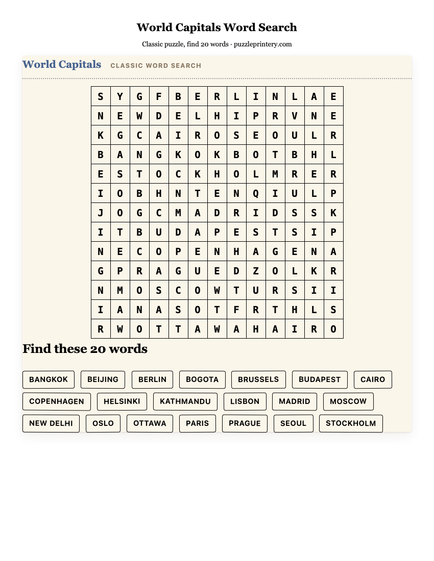 World Capitals Word Search printable preview