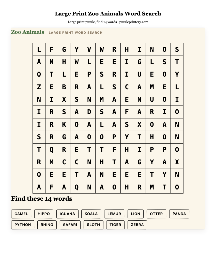 Large Print Zoo Animals Word Search printable preview