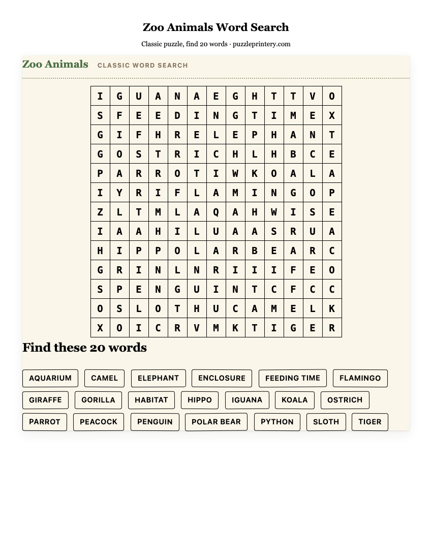 Zoo Animals Word Search printable preview